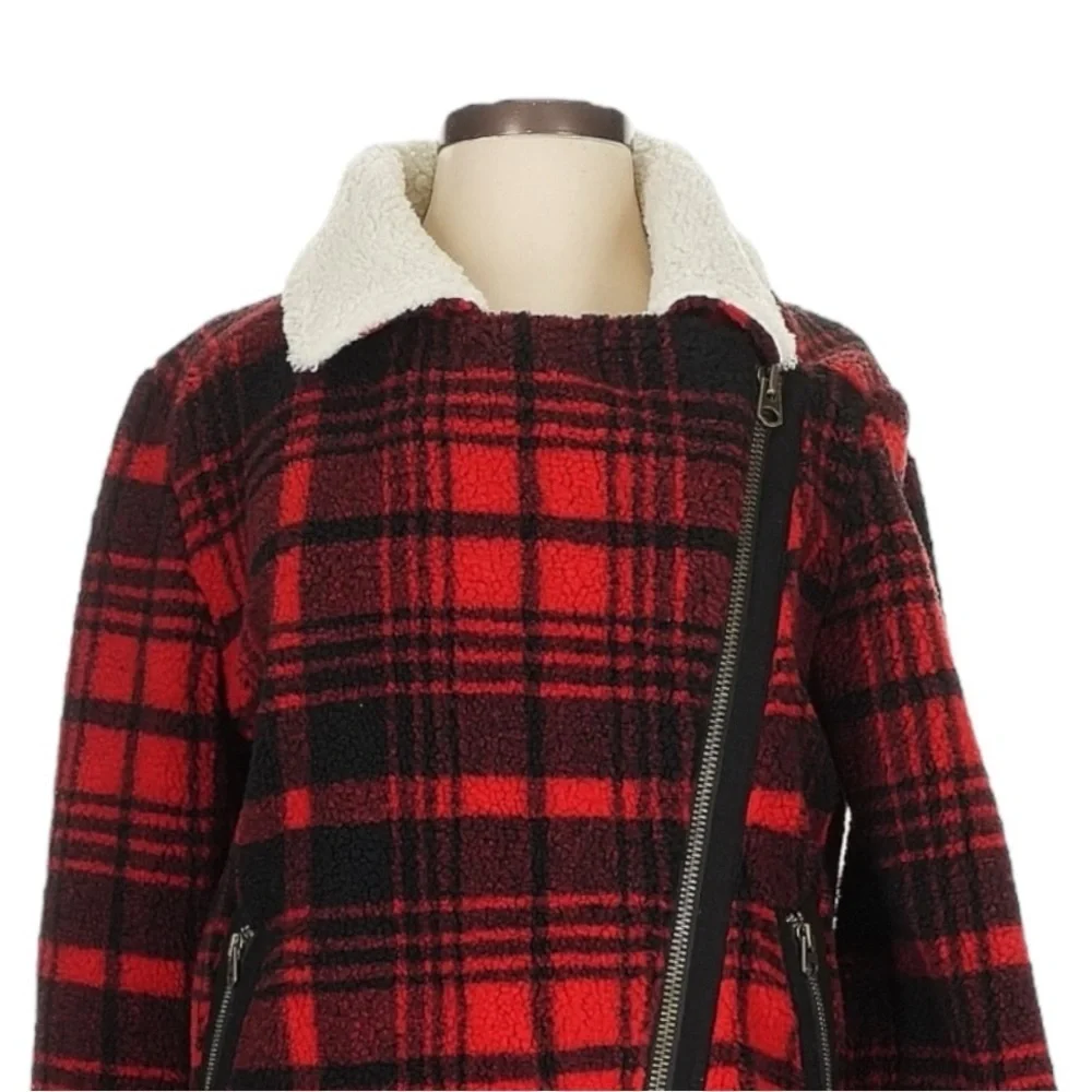 Faherty Montana Moto Coat Red Black Holly Plaid Sherpa Collar Jacket XS NWT $278